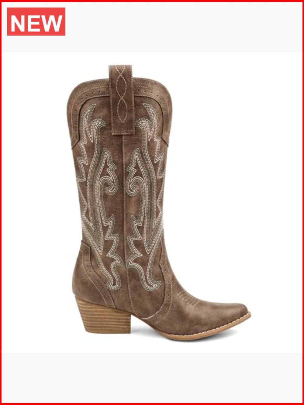 Mid-Calf Cowboy Boots Pointy Toe Western Embroidered Faux Leather Chunky Heels - Picture 4 of 7